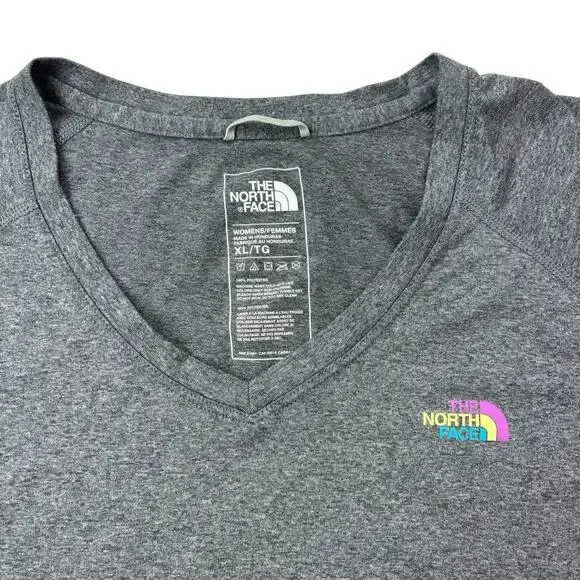 The North Face Women's XL XLARGE Flash Dry Short Sleeve V-Neck Gray W/Front Logo - Picture 2 of 16